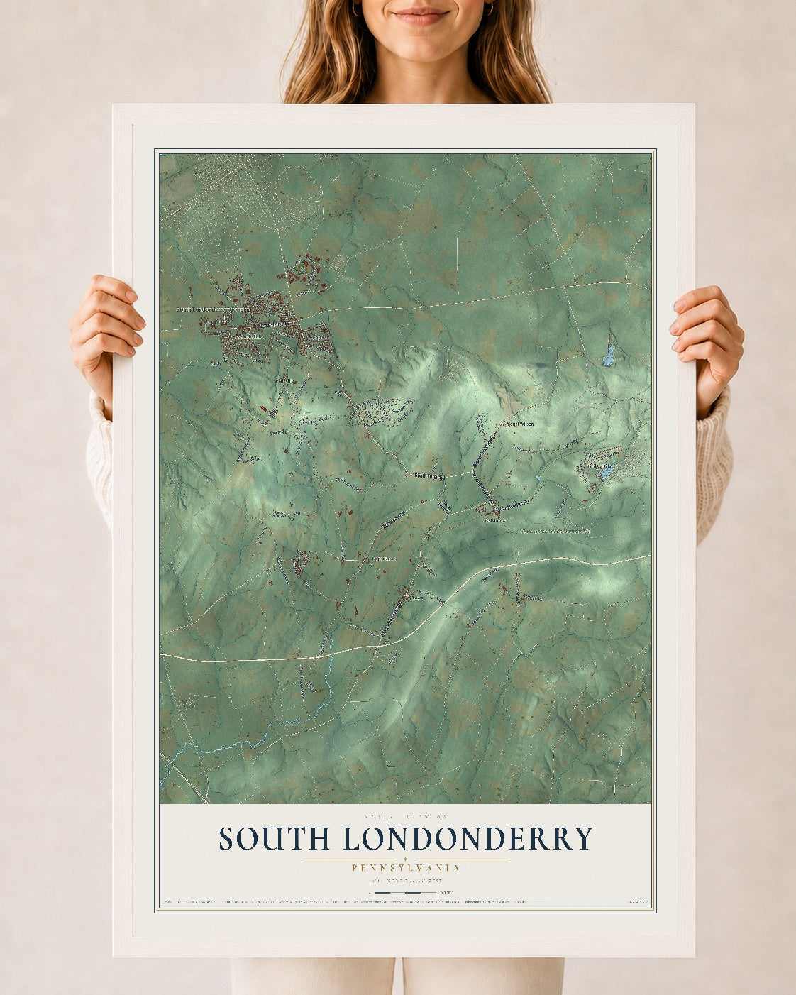 Map of South Londonderry, Pennsylvania, 24 x 36 inch print in a white wood frame