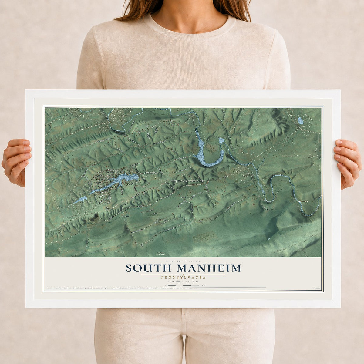 Map of South Manheim, Pennsylvania, 12 x 18 inch print in a white wood frame
