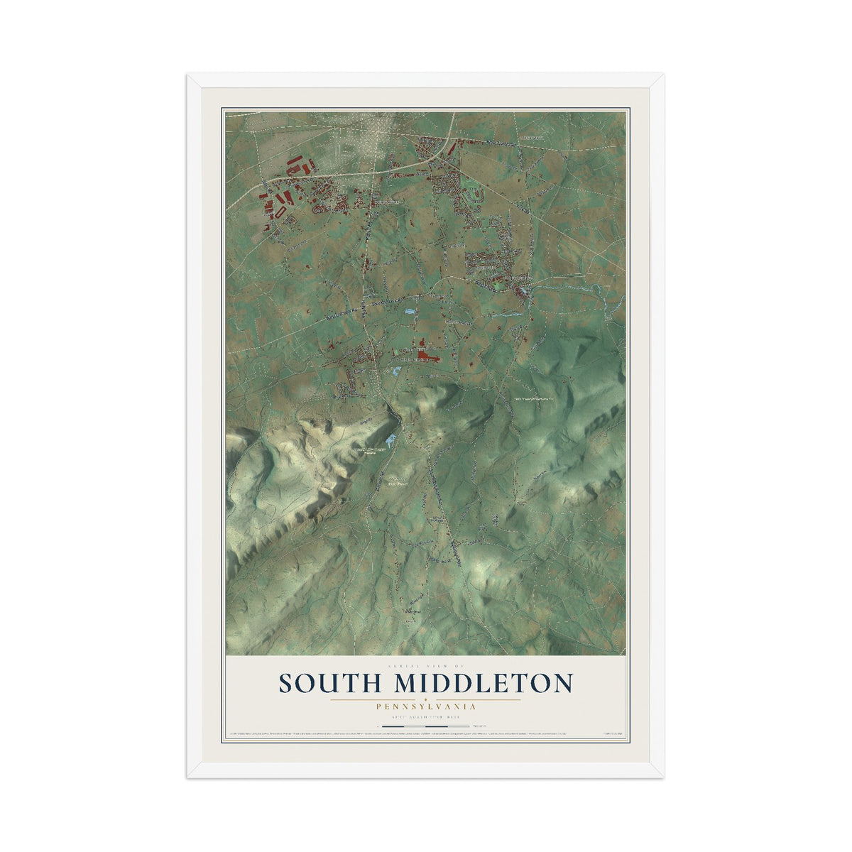 Map of South Middleton, Pennsylvania, 12 x 18 inch print in a white wood frame