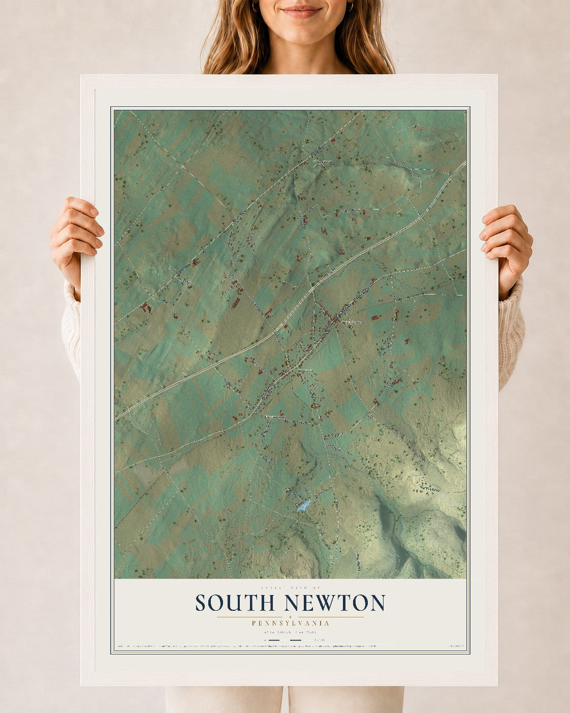 Map of South Newton, Pennsylvania, 24 x 36 inch print in a white wood frame