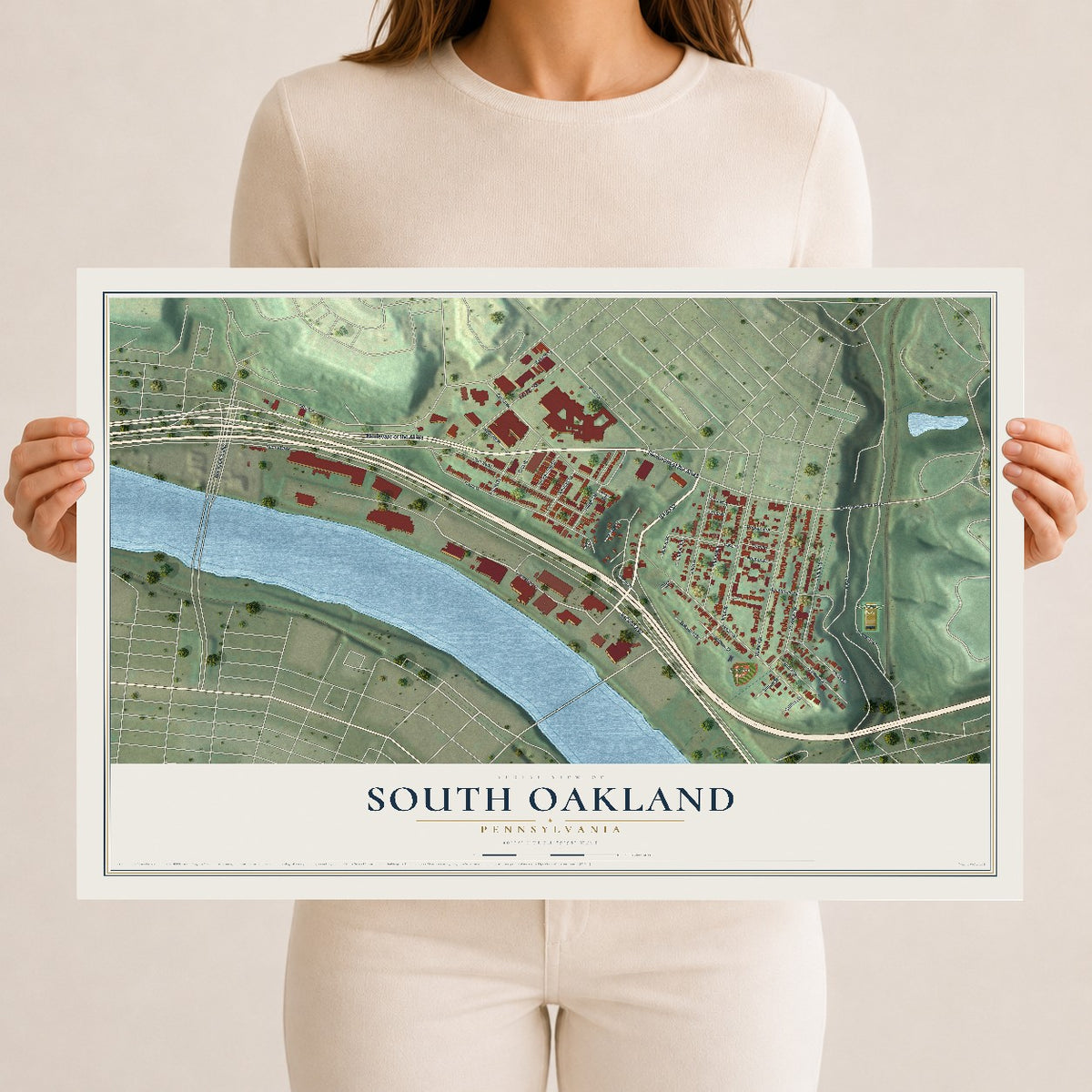 Map of South Oakland, Pennsylvania, 12 x 18 inch unframed archival matte print