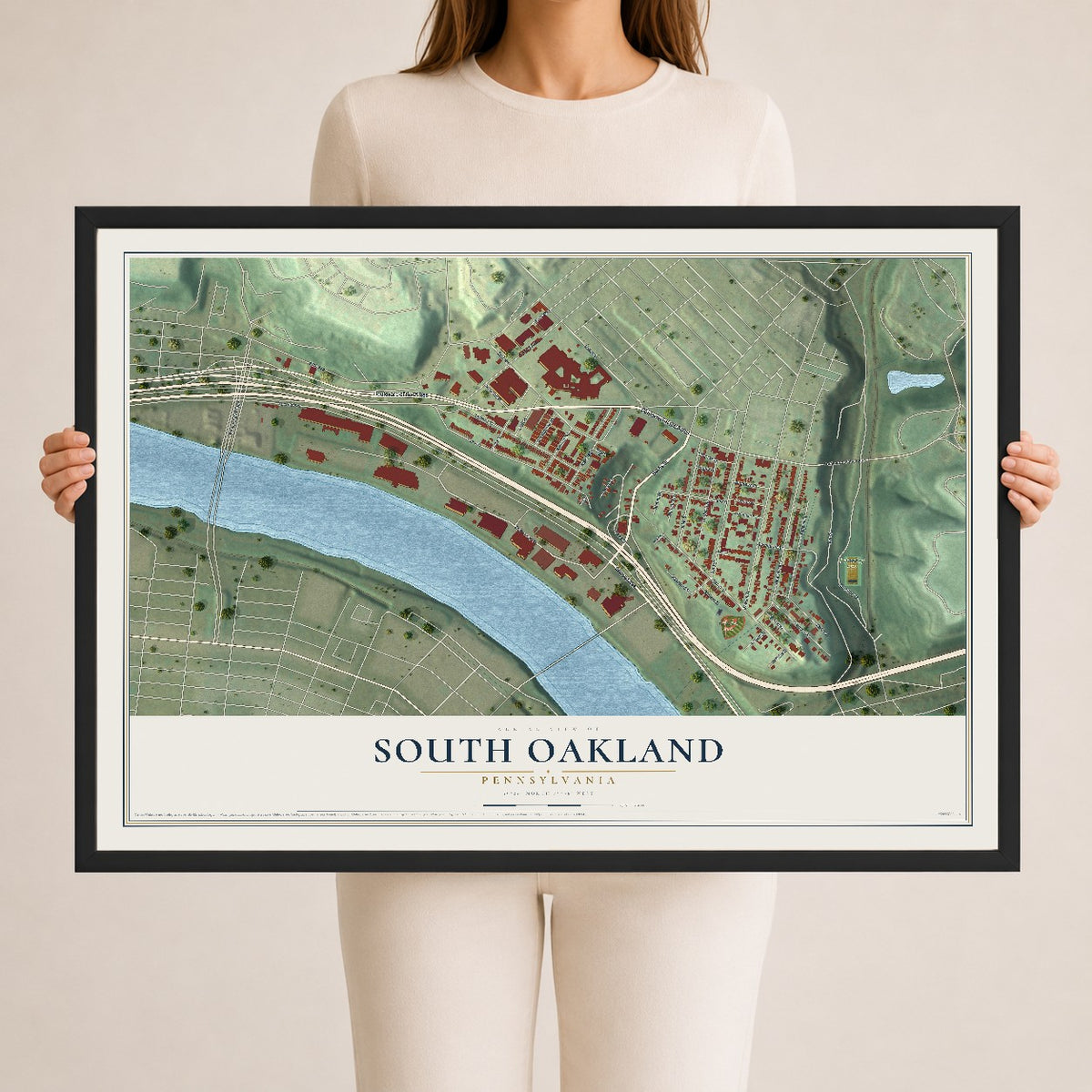 Map of South Oakland, Pennsylvania, 24 x 36 inch print in a black wood frame