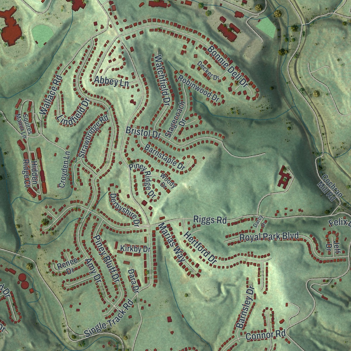 Close-up of the map of South Park, Pennsylvania print showing street and building detail