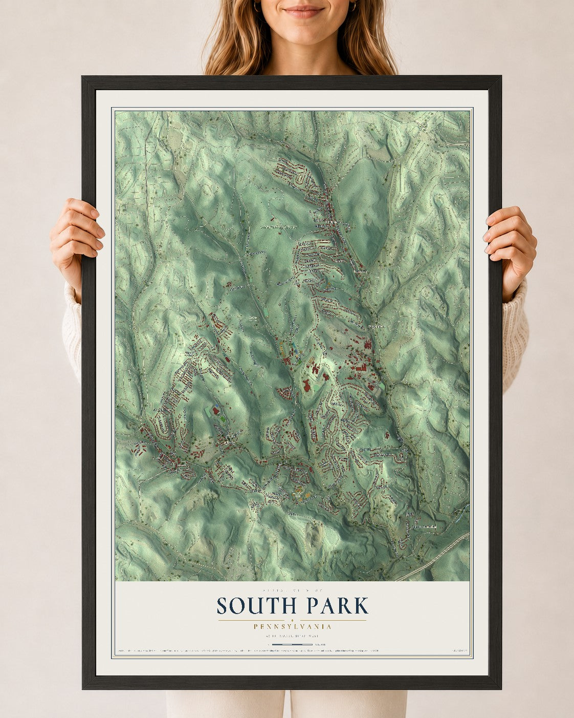Map of South Park, Pennsylvania, 24 x 36 inch print in a black wood frame