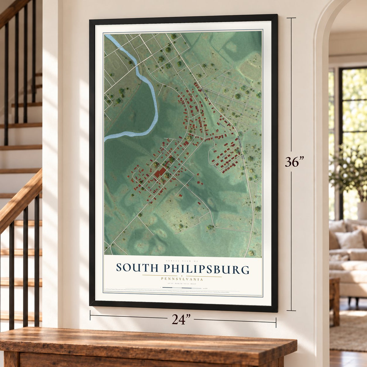 South Philipsburg, Pennsylvania map, 24 x 36 inch print in a black frame by a staircase
