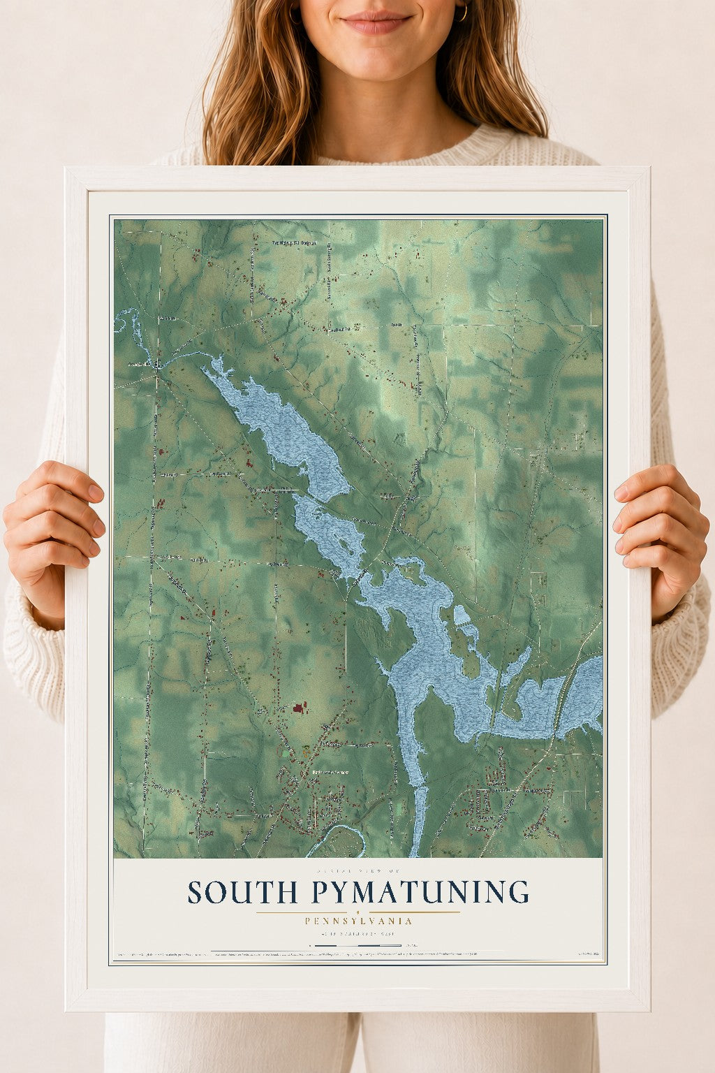 Map of South Pymatuning, Pennsylvania, 18 x 24 inch print in a white wood frame
