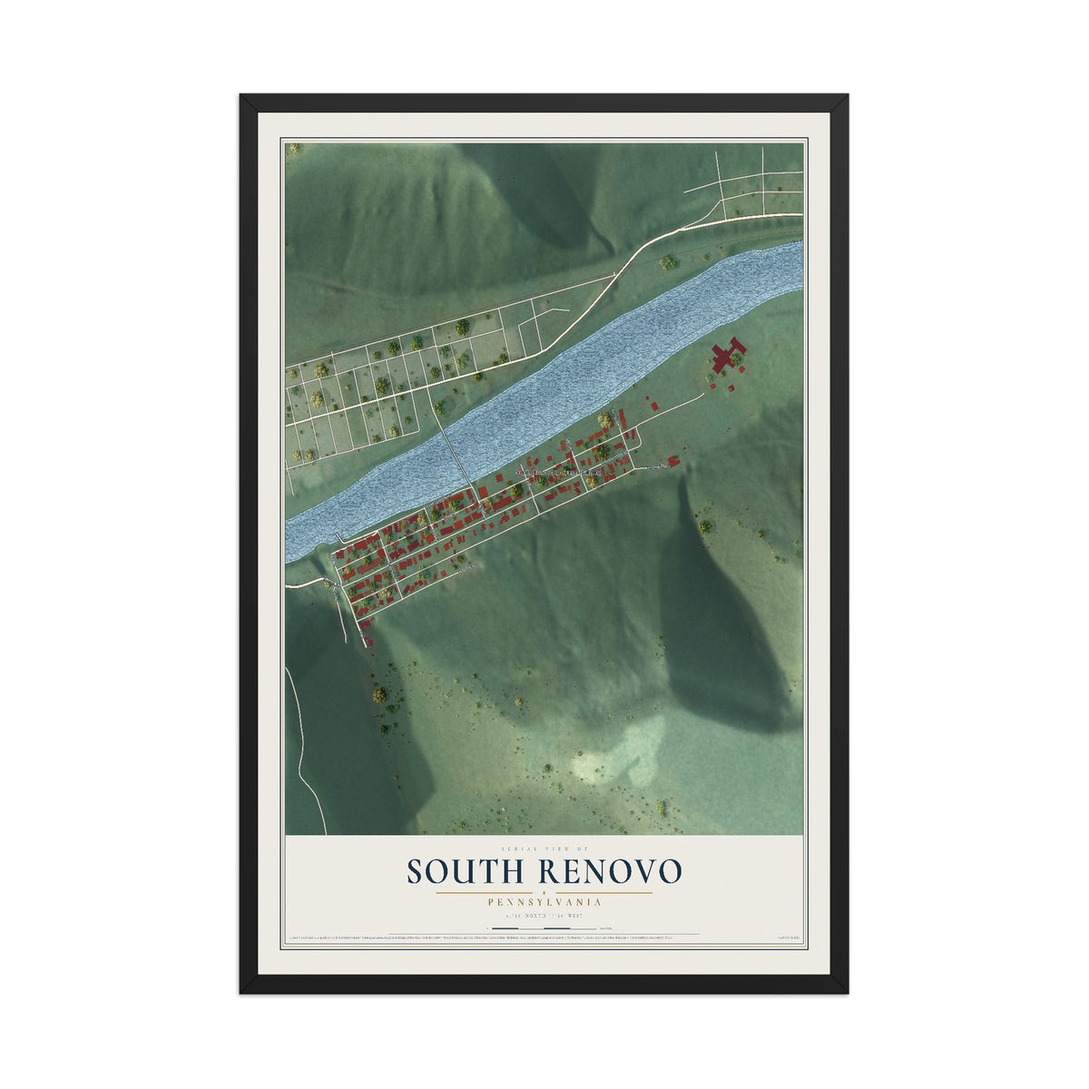 Map of South Renovo, Pennsylvania, 12 x 18 inch print in a black wood frame