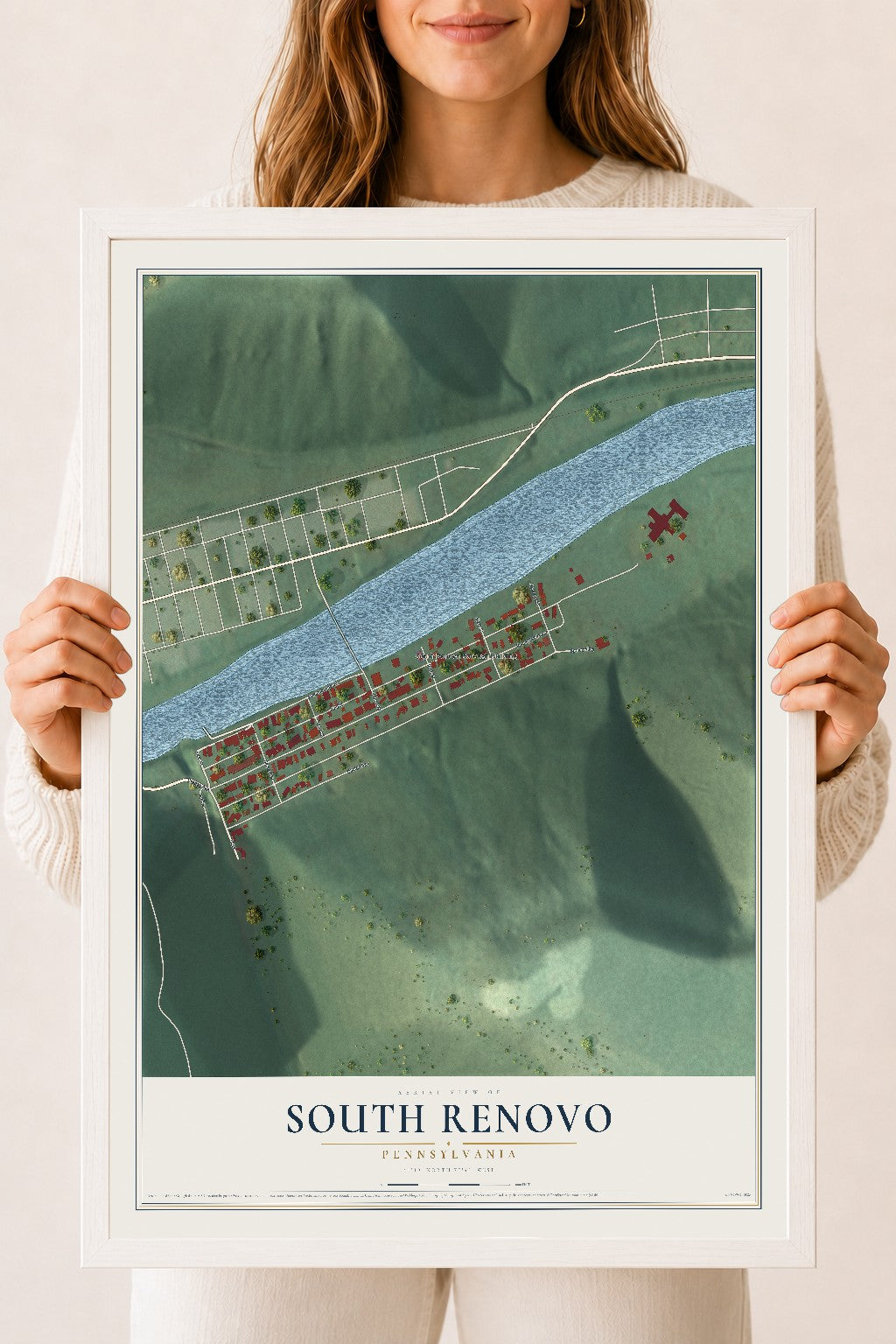 Map of South Renovo, Pennsylvania, 18 x 24 inch print in a white wood frame