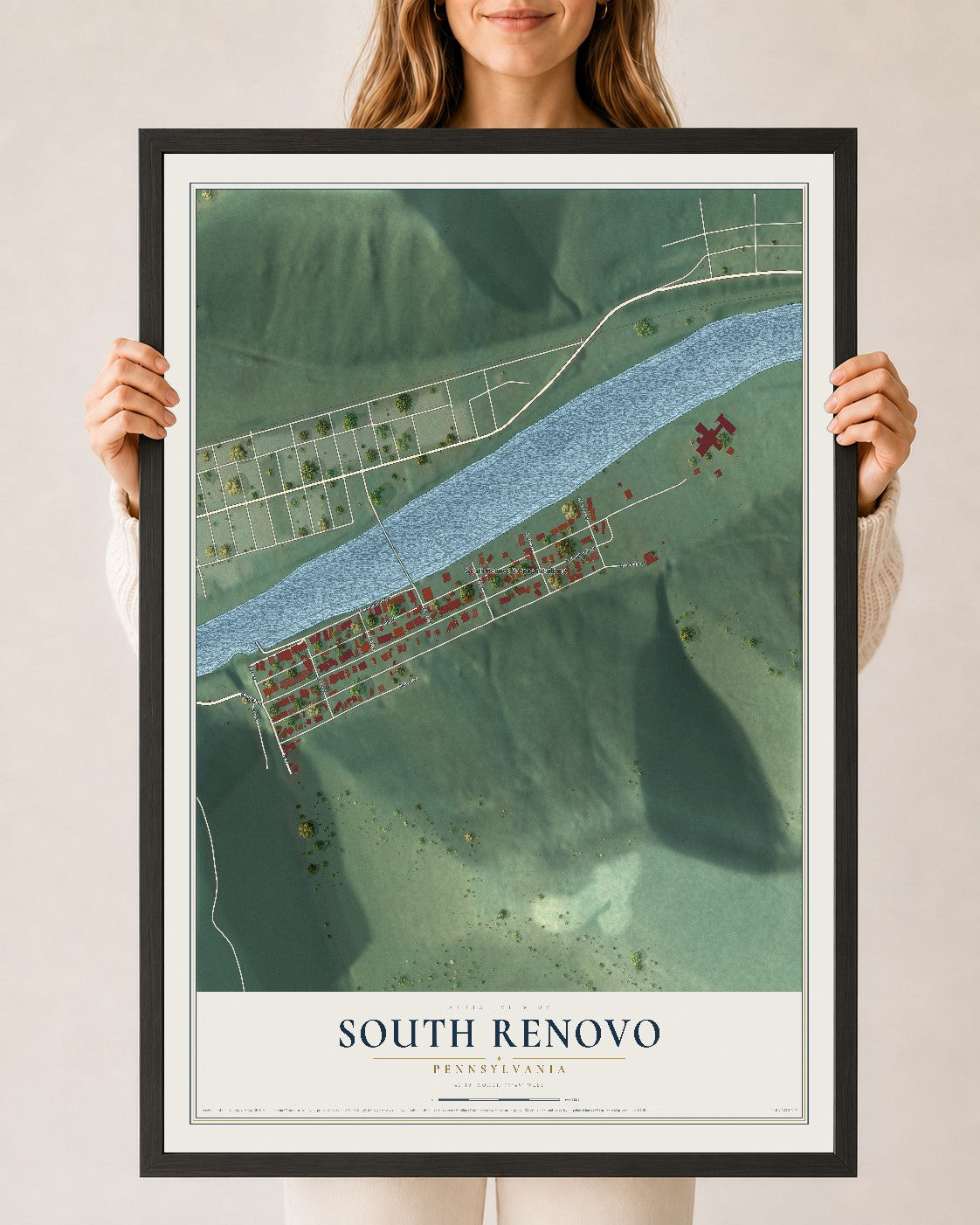 Map of South Renovo, Pennsylvania, 24 x 36 inch print in a black wood frame