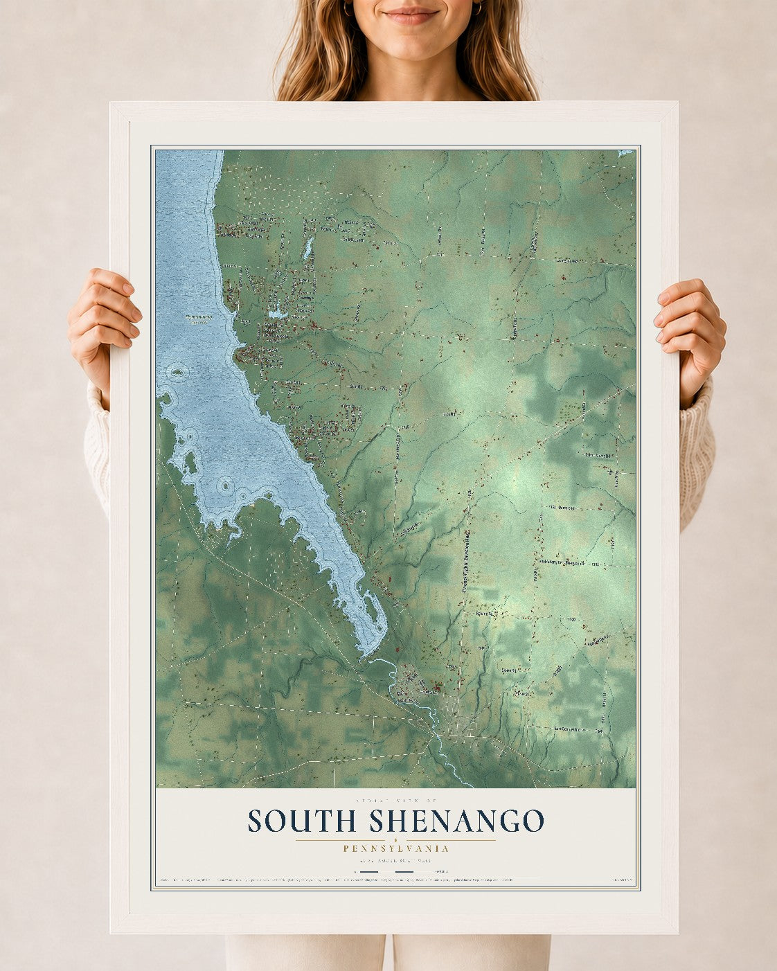 Map of South Shenango, Pennsylvania, 24 x 36 inch print in a white wood frame
