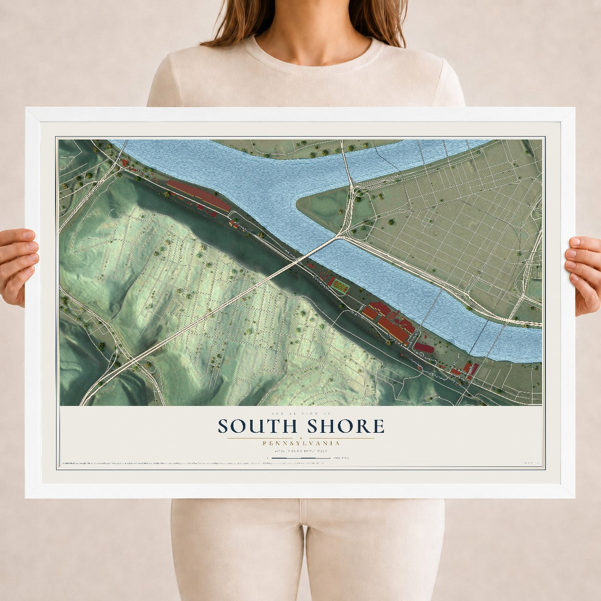 Map of South Shore, Pennsylvania, 18 x 24 inch print in a white wood frame