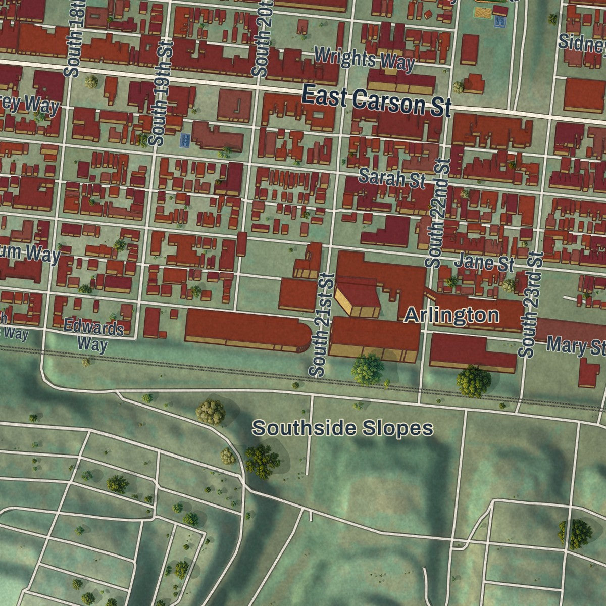 Close-up of the map of South Side Flats, Pennsylvania print showing street and building detail