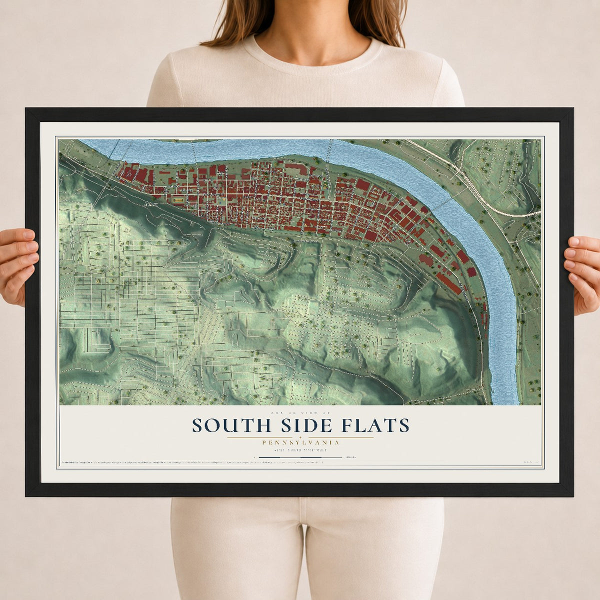 Map of South Side Flats, Pennsylvania, 18 x 24 inch print in a black wood frame