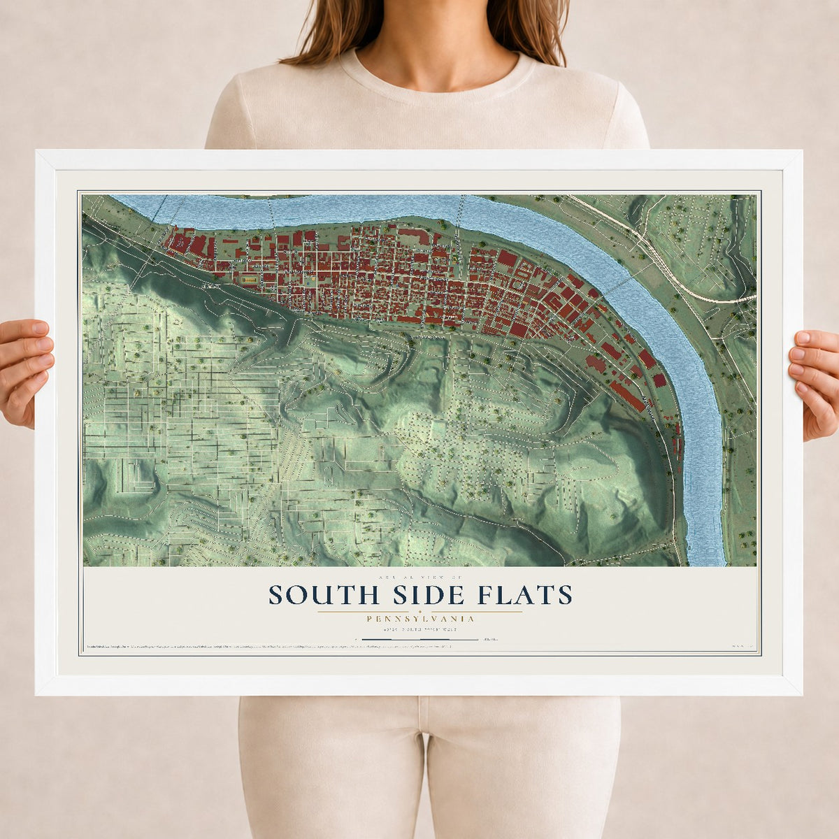 Map of South Side Flats, Pennsylvania, 18 x 24 inch print in a white wood frame