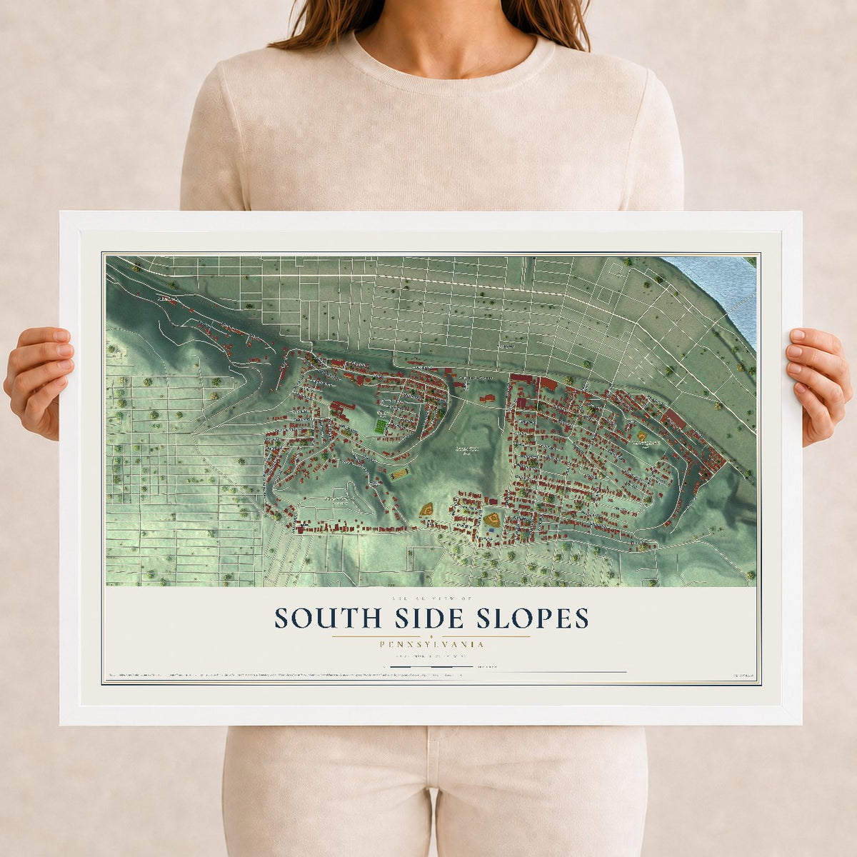 Map of South Side Slopes, Pennsylvania, 12 x 18 inch print in a white wood frame