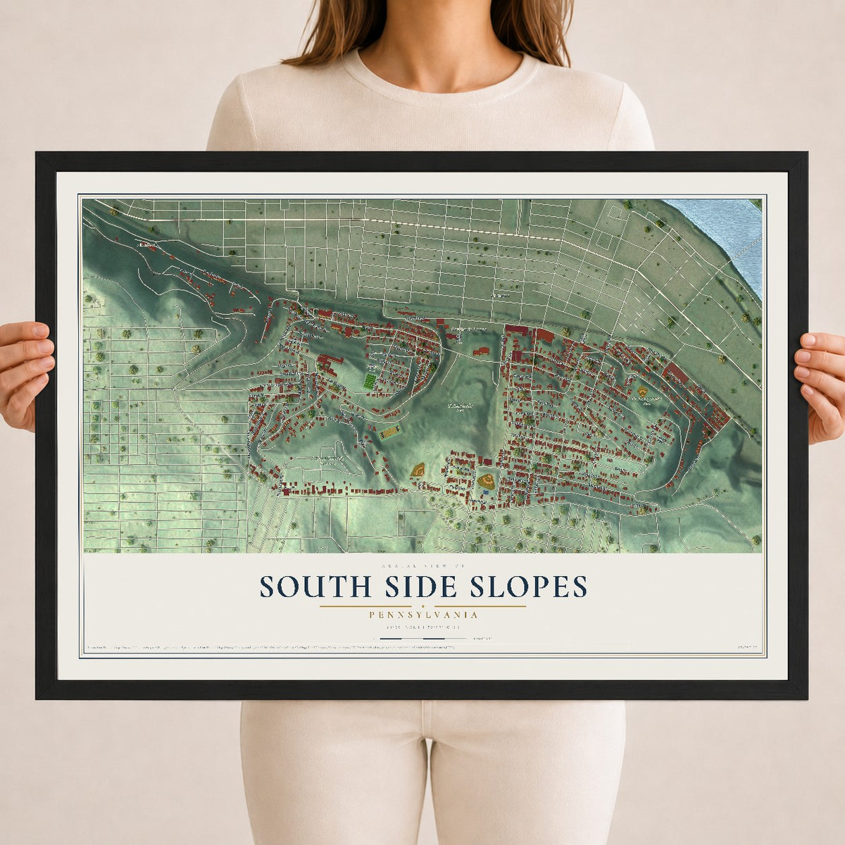 Map of South Side Slopes, Pennsylvania, 18 x 24 inch print in a black wood frame