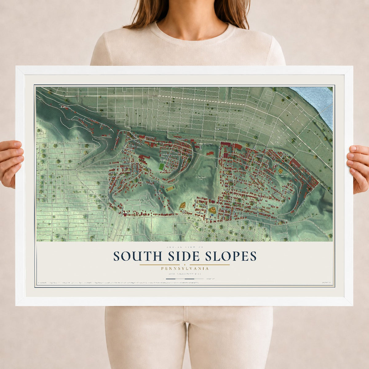 Map of South Side Slopes, Pennsylvania, 18 x 24 inch print in a white wood frame