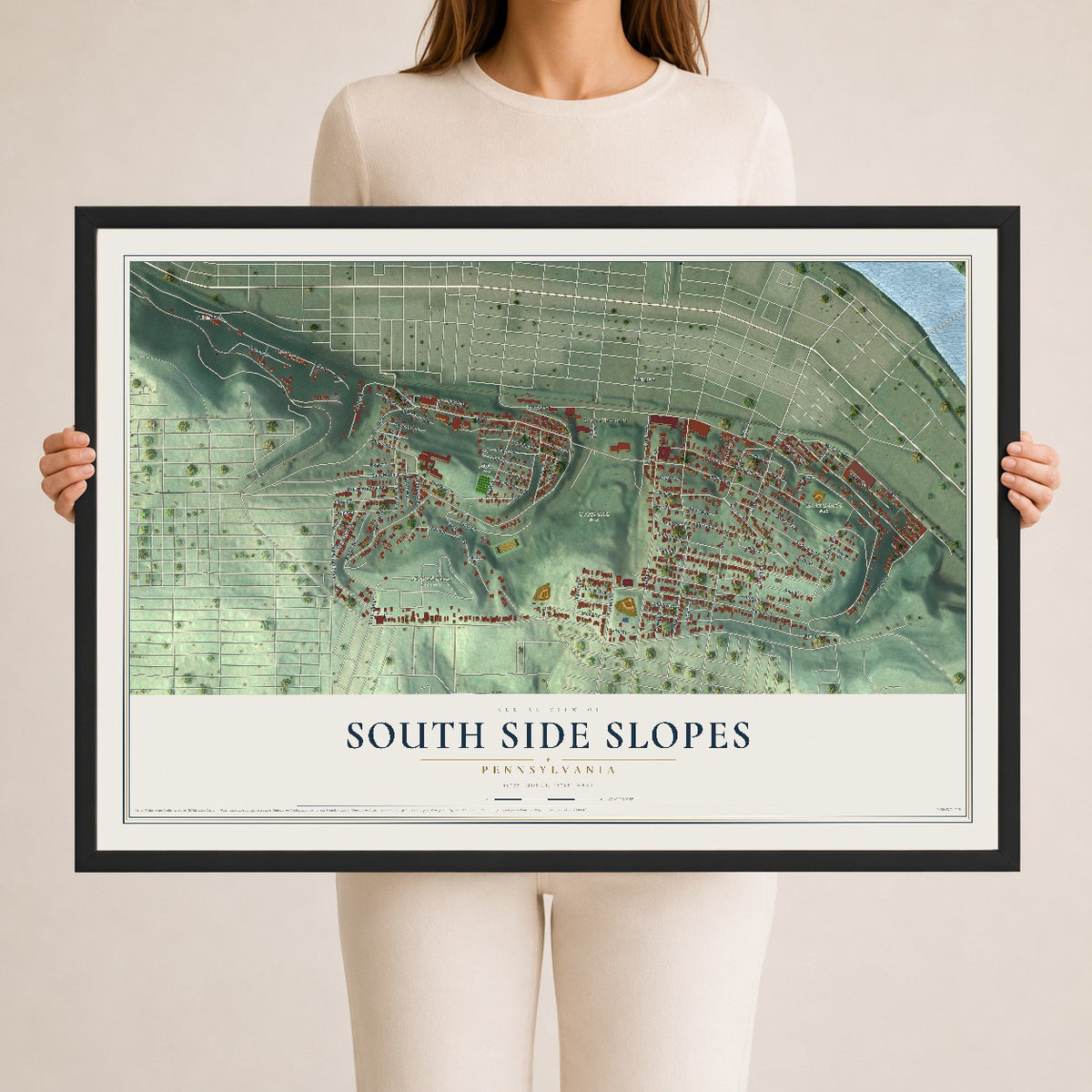 Map of South Side Slopes, Pennsylvania, 24 x 36 inch print in a black wood frame