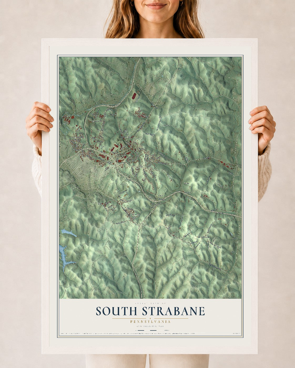 Map of South Strabane, Pennsylvania, 24 x 36 inch print in a white wood frame