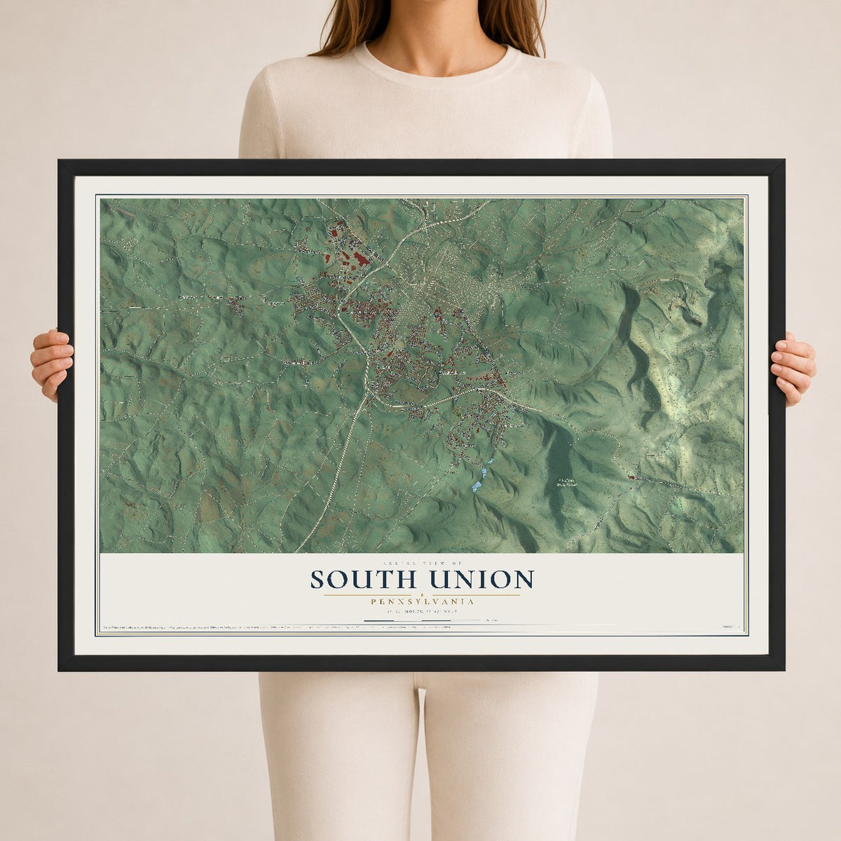 Map of South Union, Pennsylvania, 24 x 36 inch print in a black wood frame