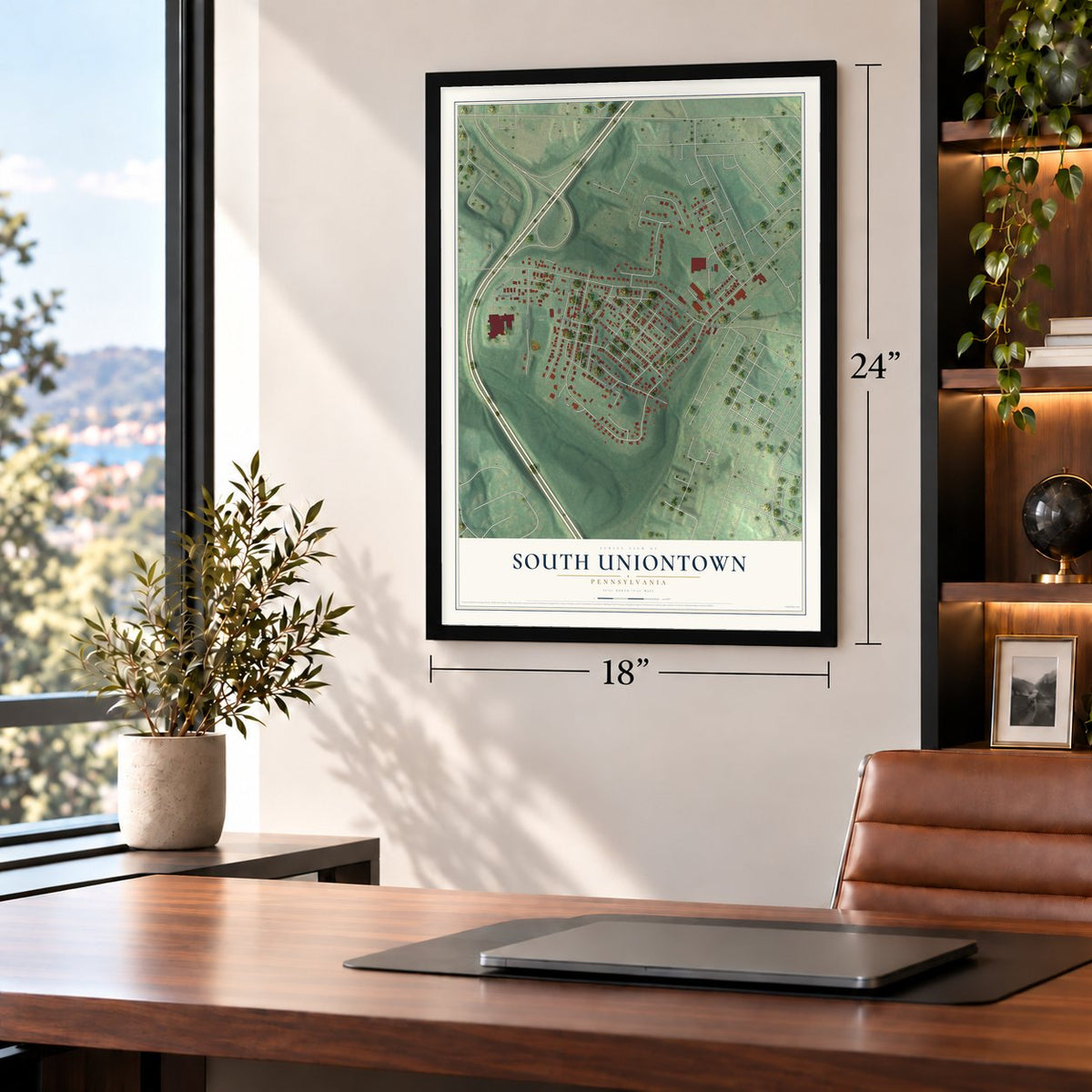 South Uniontown, Pennsylvania map, 18 x 24 inch print in a black frame in a home office