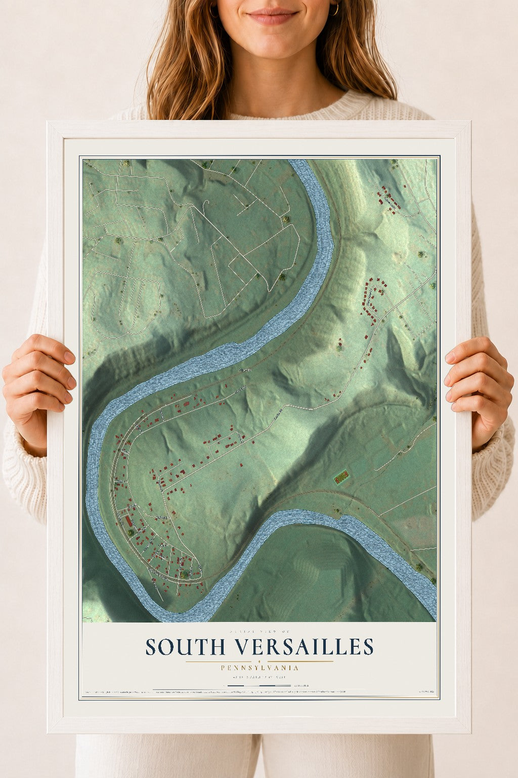 Map of South Versailles, Pennsylvania, 18 x 24 inch print in a white wood frame