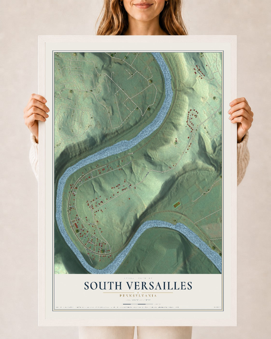 Map of South Versailles, Pennsylvania, 24 x 36 inch print in a white wood frame