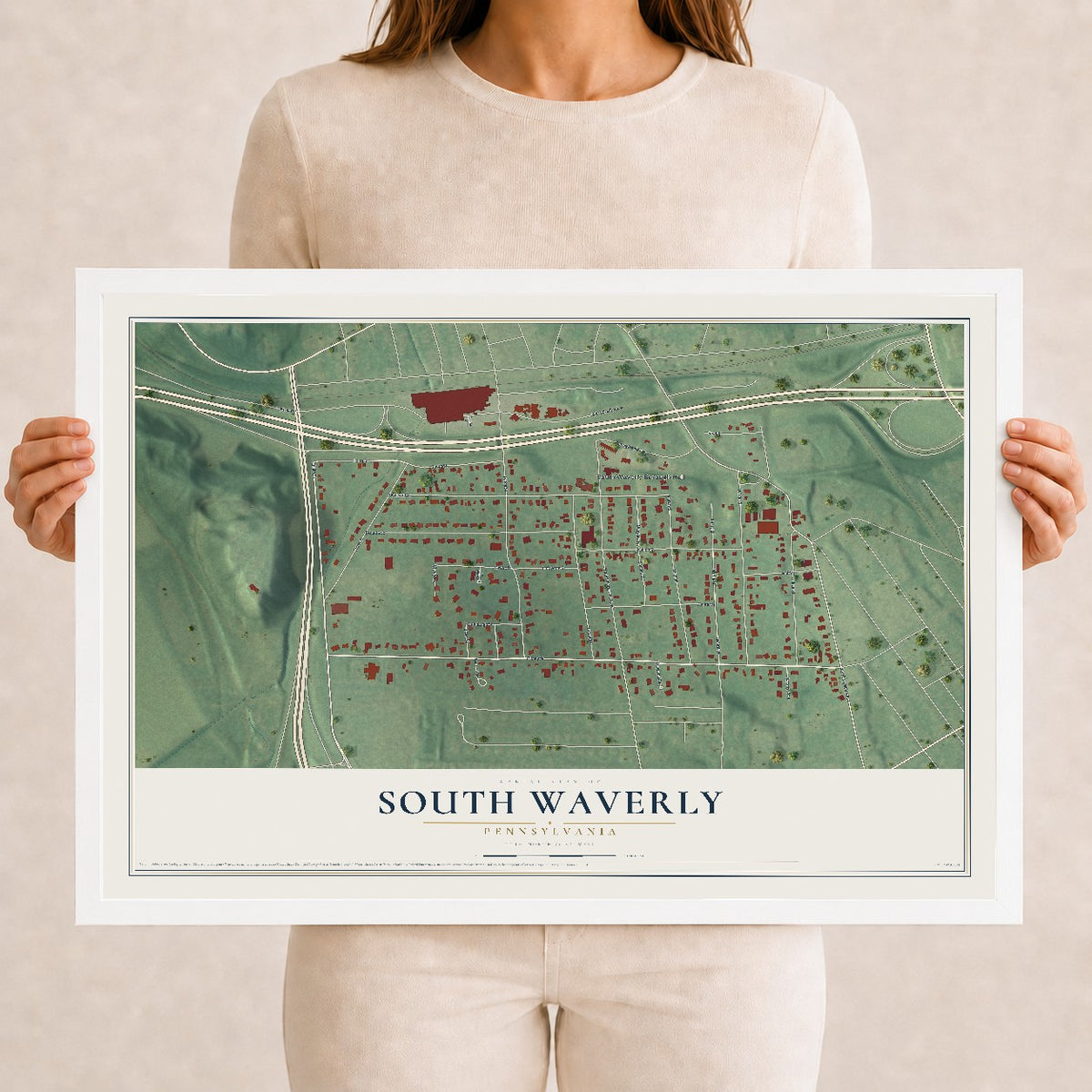 Map of South Waverly, Pennsylvania, 12 x 18 inch print in a white wood frame