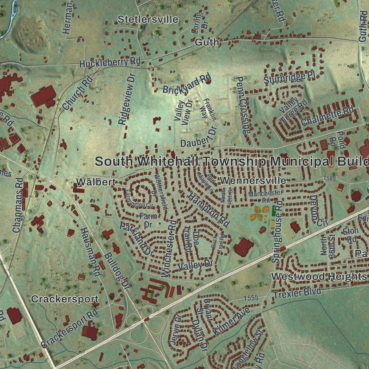 Close-up of the map of South Whitehall, Pennsylvania print showing street and building detail