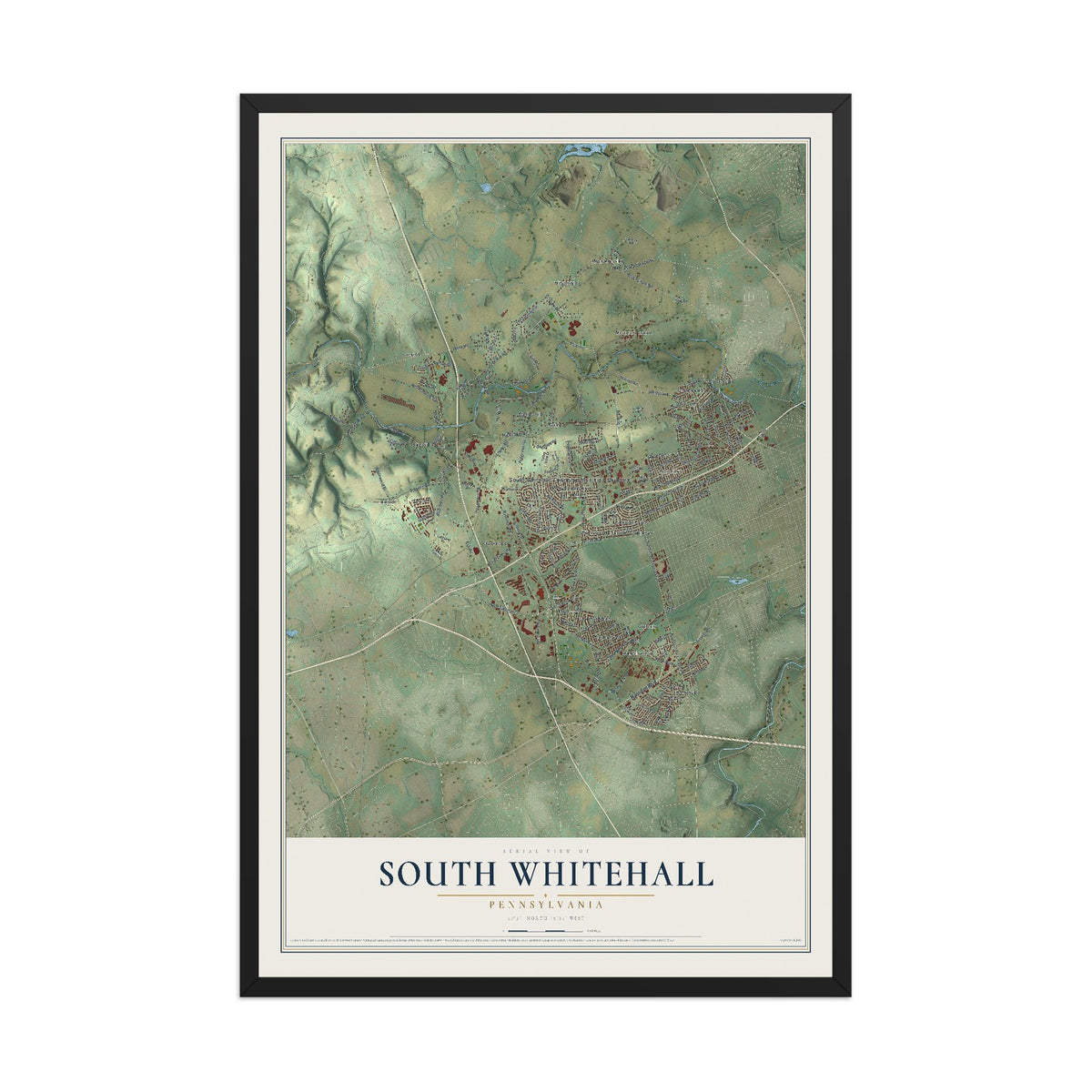 Map of South Whitehall, Pennsylvania, 12 x 18 inch print in a black wood frame