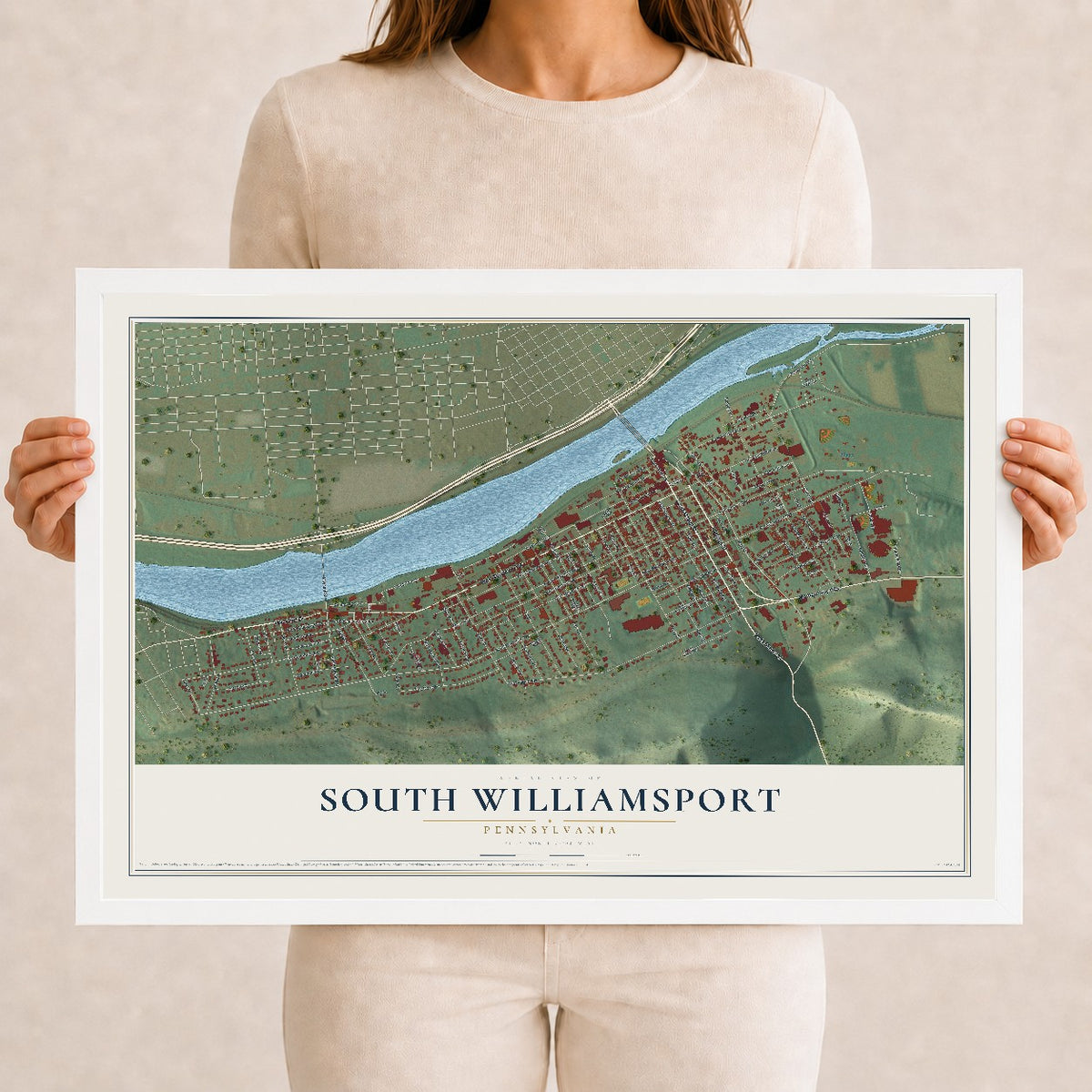 Map of South Williamsport, Pennsylvania, 12 x 18 inch print in a white wood frame