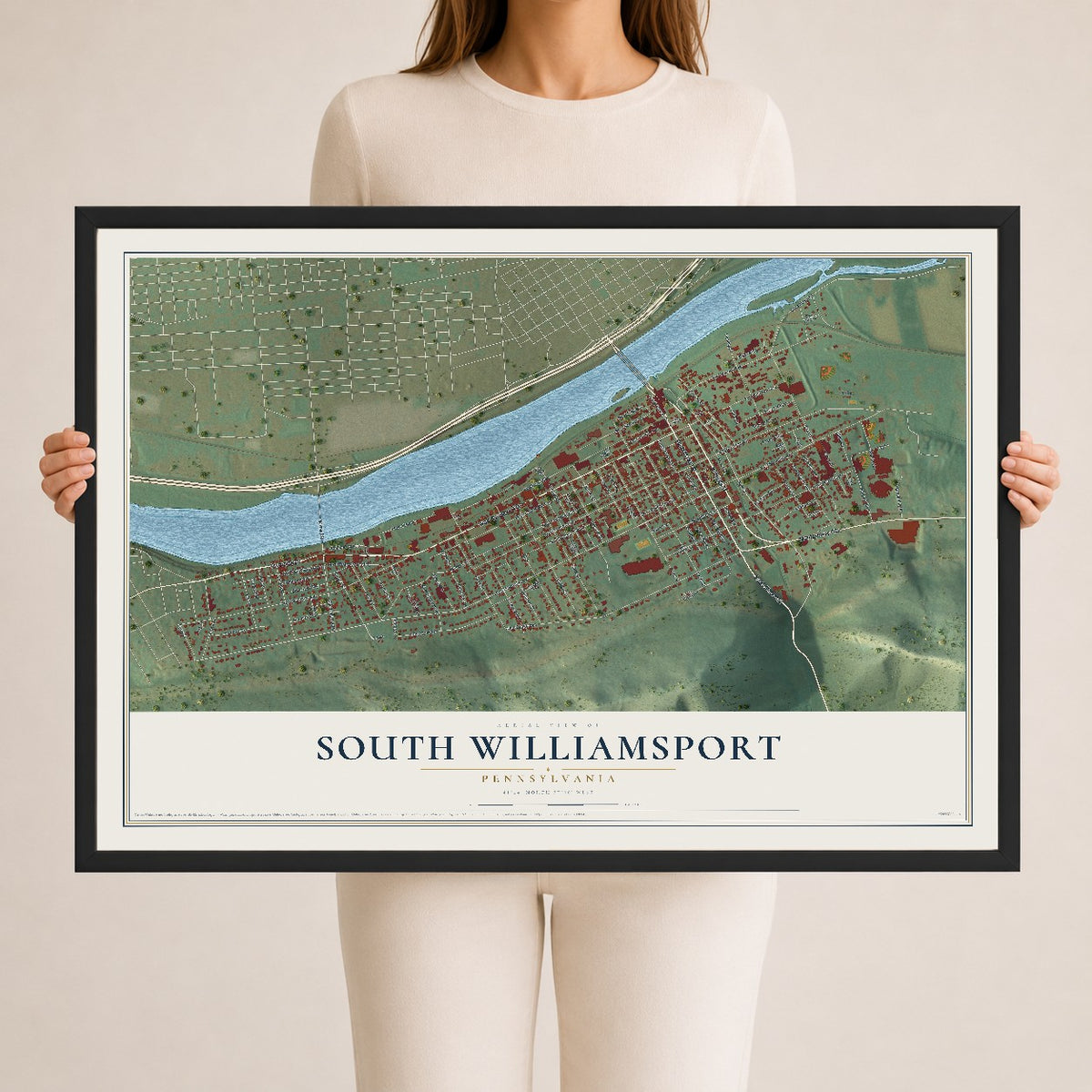 Map of South Williamsport, Pennsylvania, 24 x 36 inch print in a black wood frame