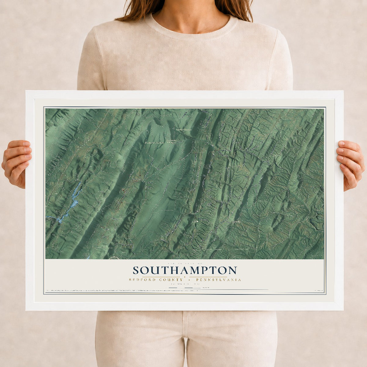 Map of Southampton, Bedford County, Pennsylvania, 12 x 18 inch print in a white wood frame
