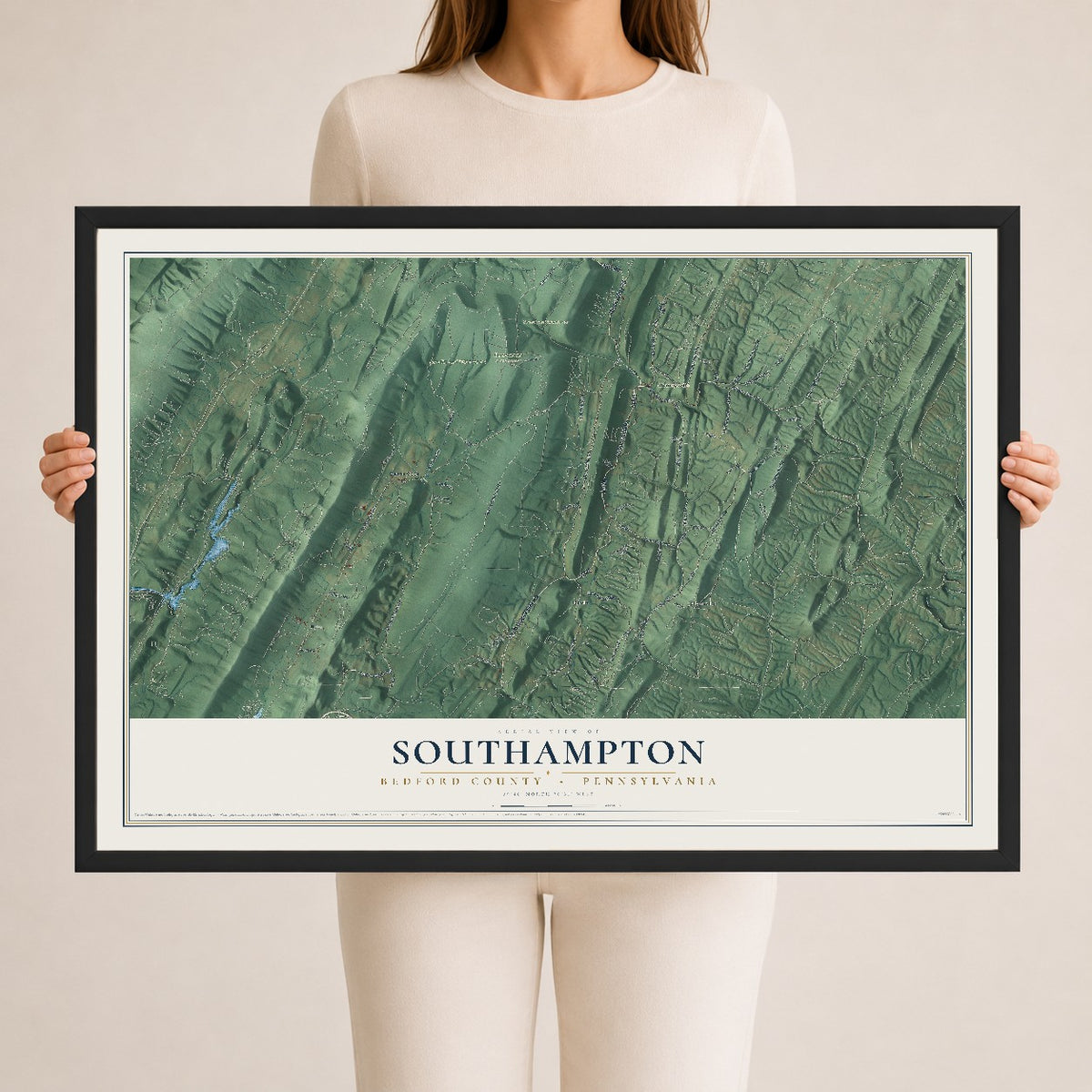 Map of Southampton, Bedford County, Pennsylvania, 24 x 36 inch print in a black wood frame
