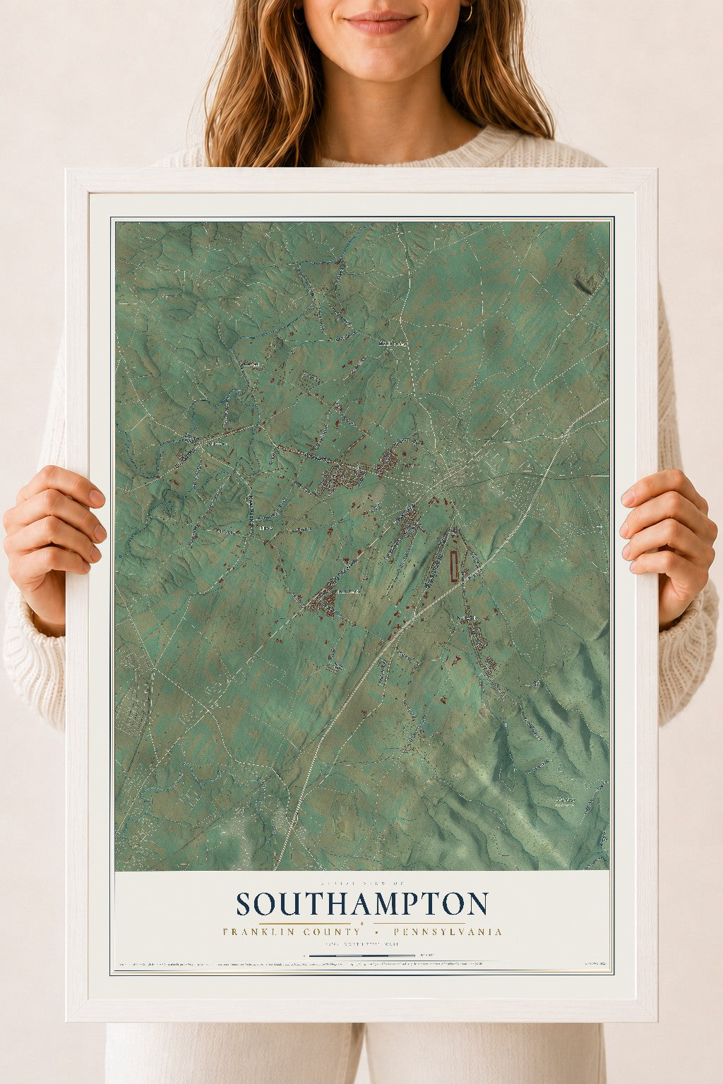 Map of Southampton, Franklin County, Pennsylvania, 18 x 24 inch print in a white wood frame