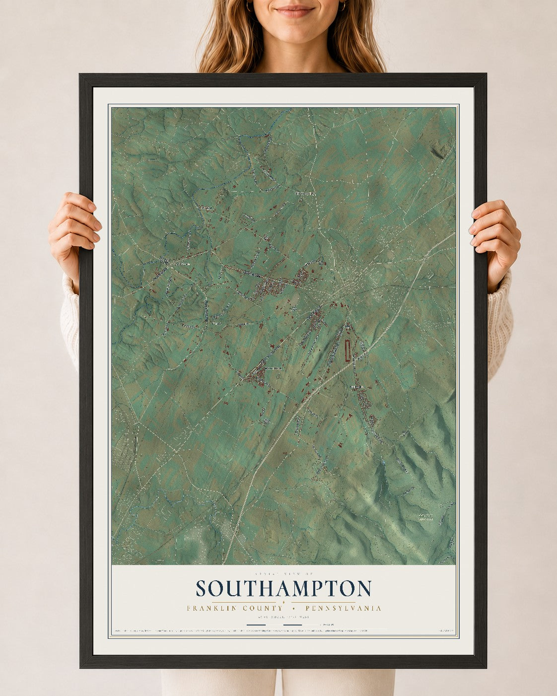 Map of Southampton, Franklin County, Pennsylvania, 24 x 36 inch print in a black wood frame