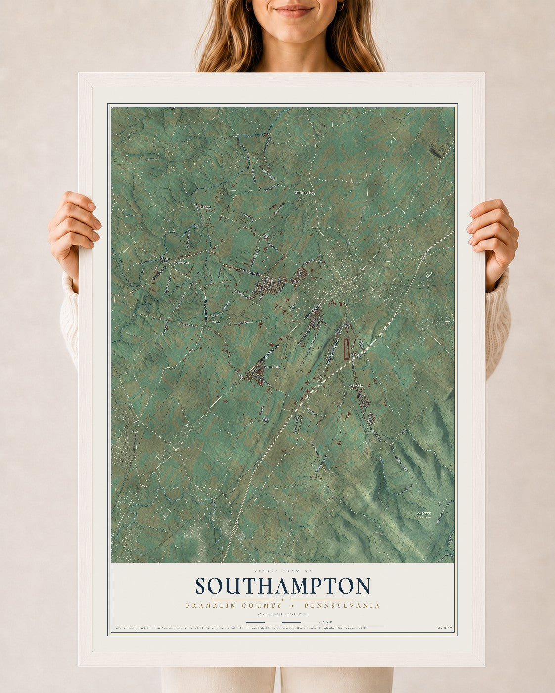 Map of Southampton, Franklin County, Pennsylvania, 24 x 36 inch print in a white wood frame