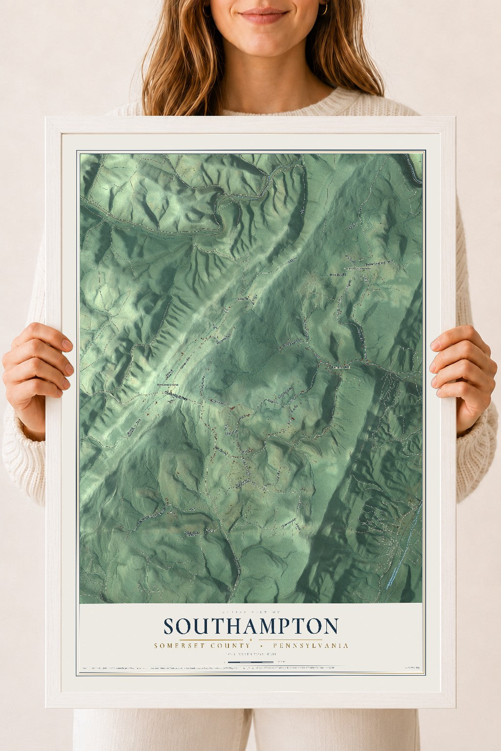 Map of Southampton, Somerset County, Pennsylvania, 18 x 24 inch print in a white wood frame