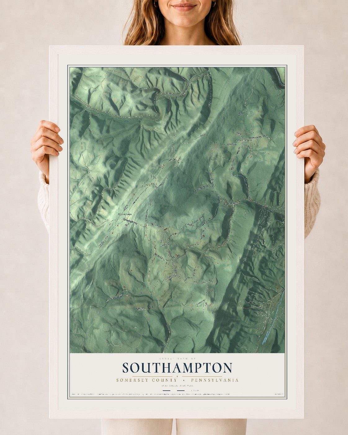 Map of Southampton, Somerset County, Pennsylvania, 24 x 36 inch print in a white wood frame