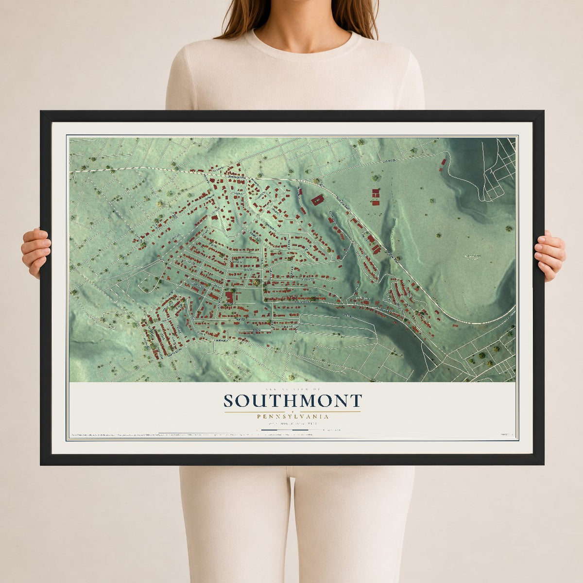 Map of Southmont, Pennsylvania, 24 x 36 inch print in a black wood frame