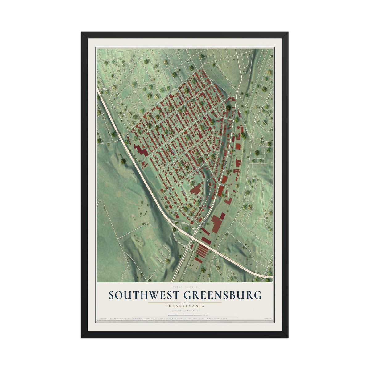 Map of Southwest Greensburg, Pennsylvania, 12 x 18 inch print in a black wood frame
