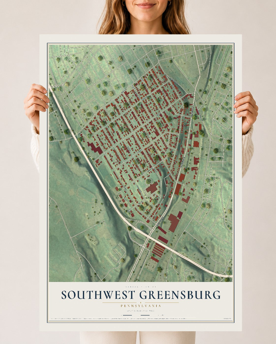 Map of Southwest Greensburg, Pennsylvania, 24 x 36 inch unframed archival matte print