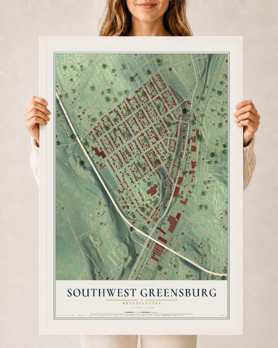 Map of Southwest Greensburg, Pennsylvania, 24 x 36 inch print in a white wood frame