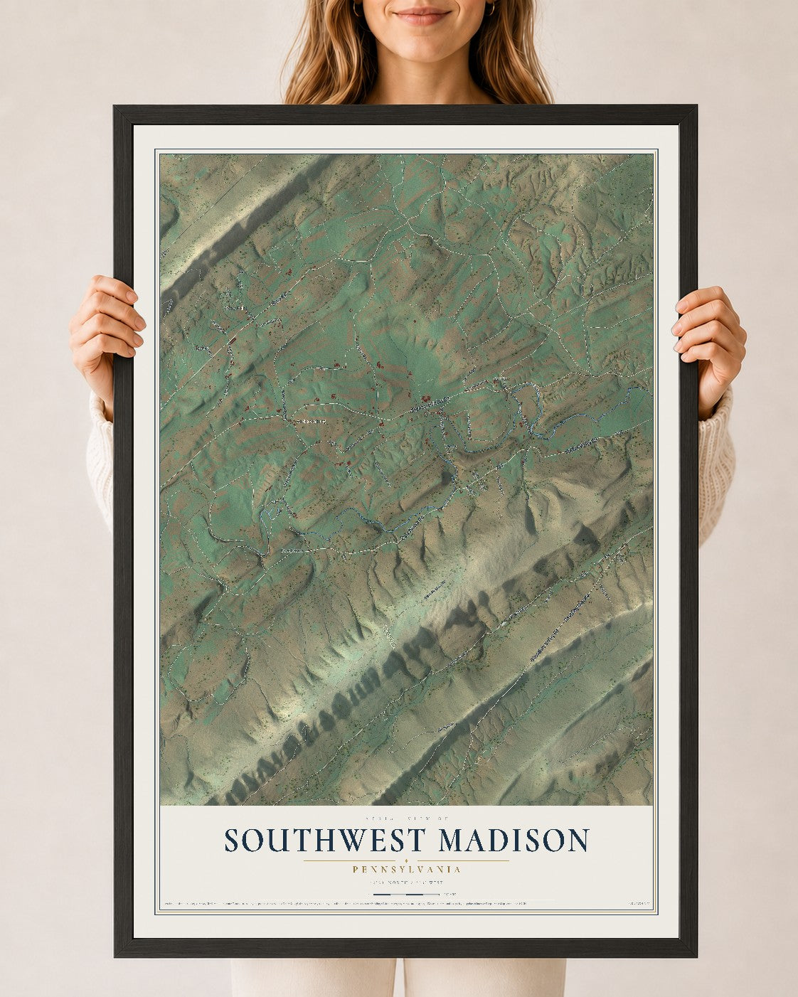 Map of Southwest Madison, Pennsylvania, 24 x 36 inch print in a black wood frame