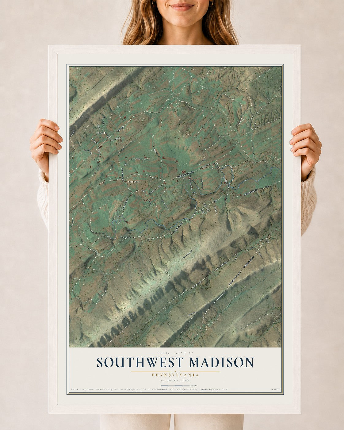 Map of Southwest Madison, Pennsylvania, 24 x 36 inch print in a white wood frame