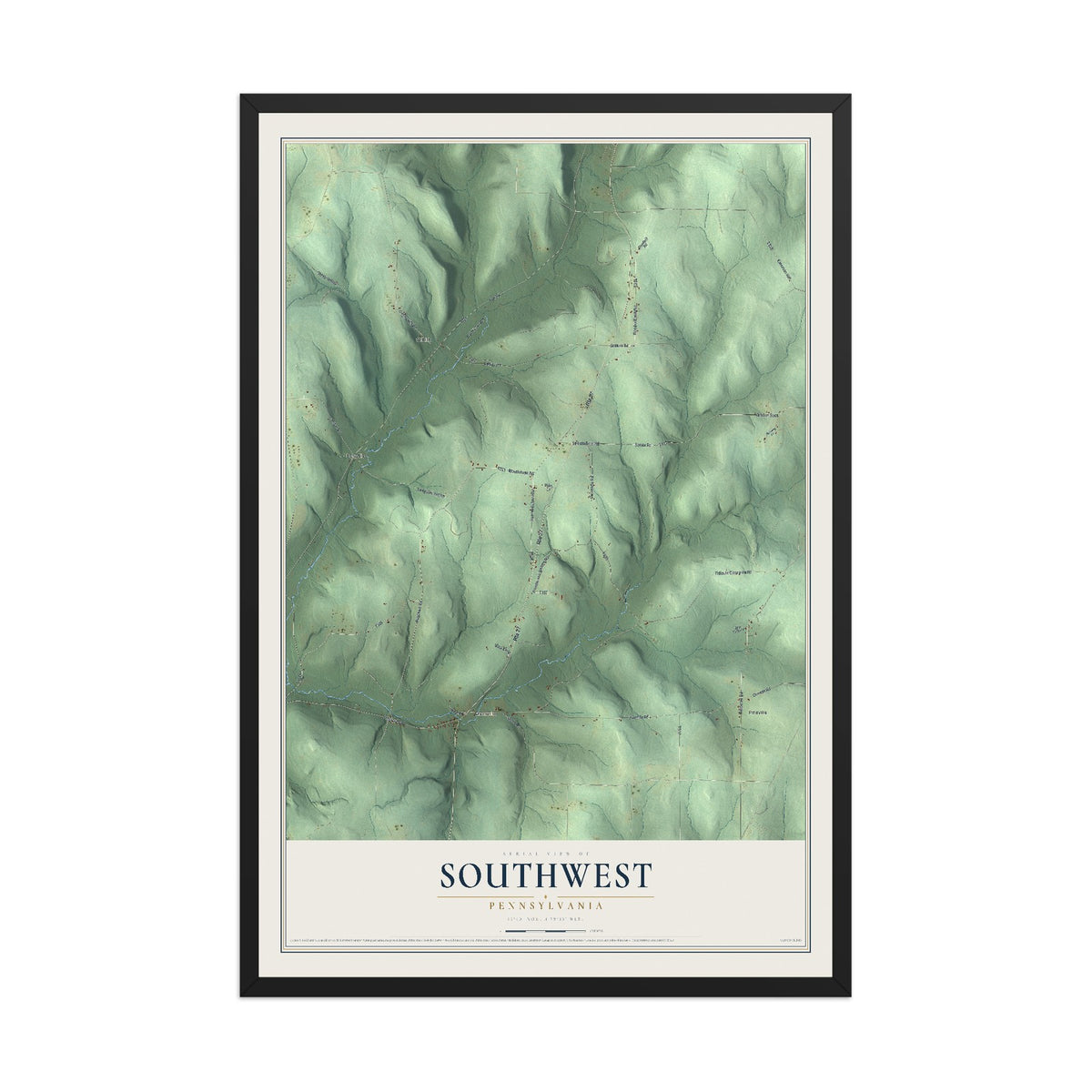Map of Southwest, Pennsylvania, 12 x 18 inch print in a black wood frame