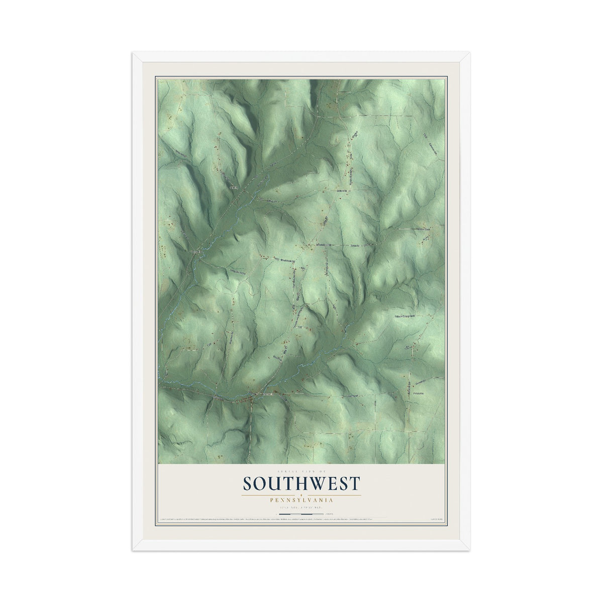 Map of Southwest, Pennsylvania, 12 x 18 inch print in a white wood frame