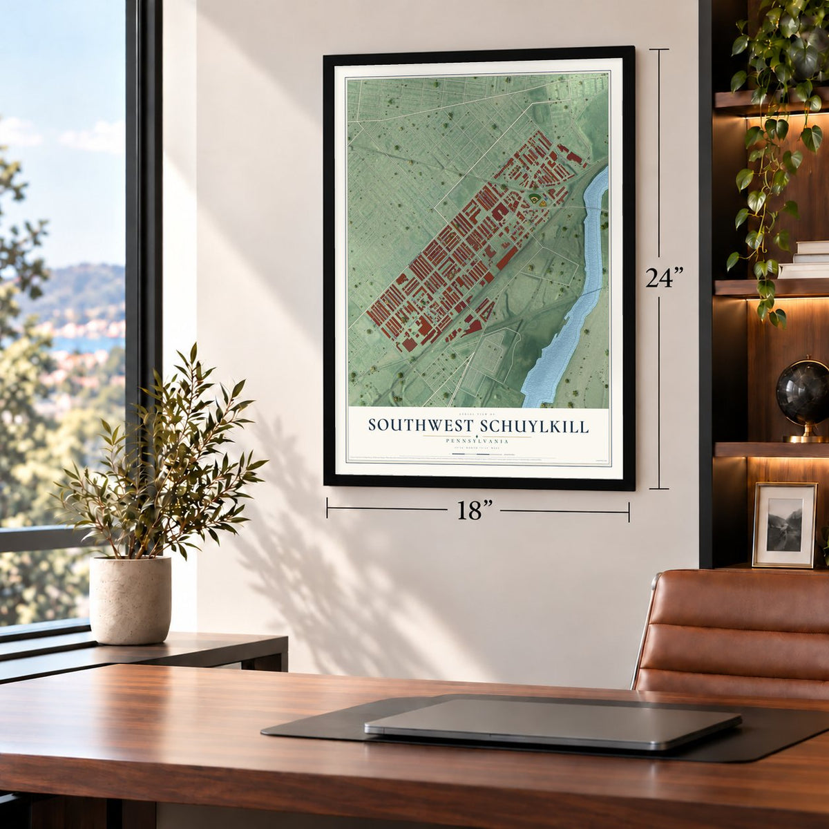 Southwest Schuylkill, Pennsylvania map, 18 x 24 inch print in a black frame in a home office