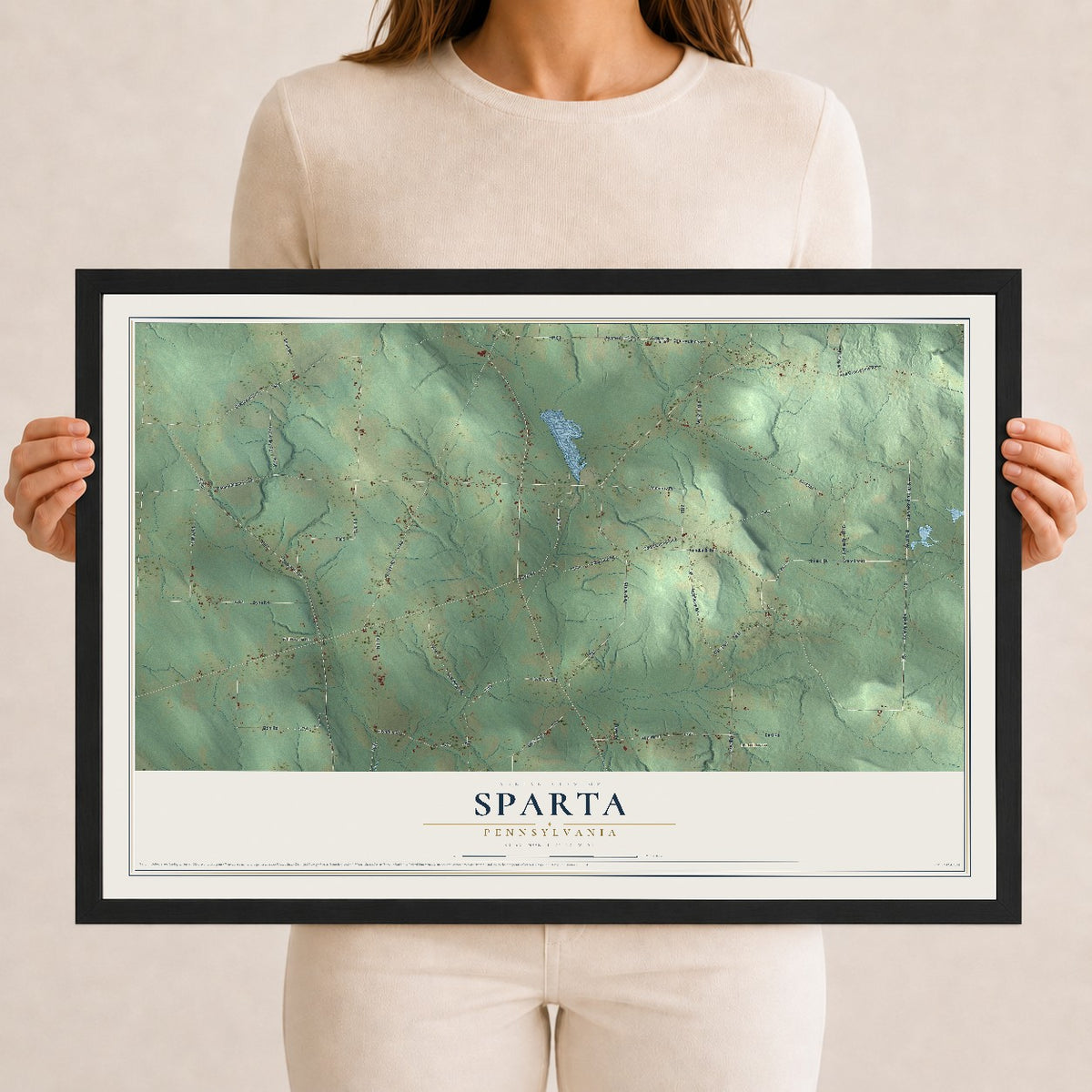 Map of Sparta, Pennsylvania, 12 x 18 inch print in a black wood frame