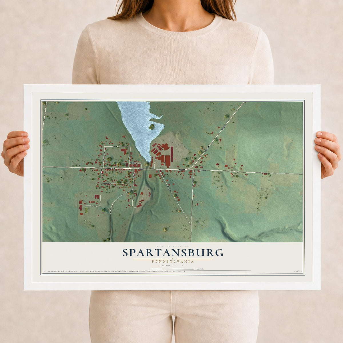 Map of Spartansburg, Pennsylvania, 12 x 18 inch print in a white wood frame
